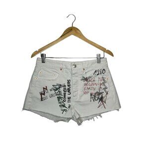 IRO Jeans White Graffiti Art Raw Hem Rare 100% Cotton Denim Shorts Size 26